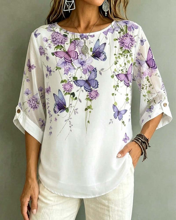 Blouse Col Rond Papillon Florale