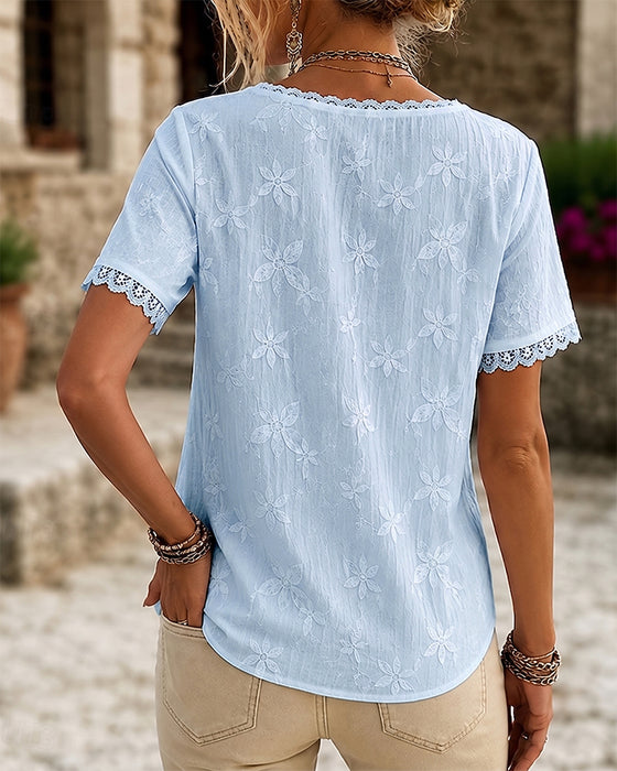 Blouse Col V Dentelle Manche Courte