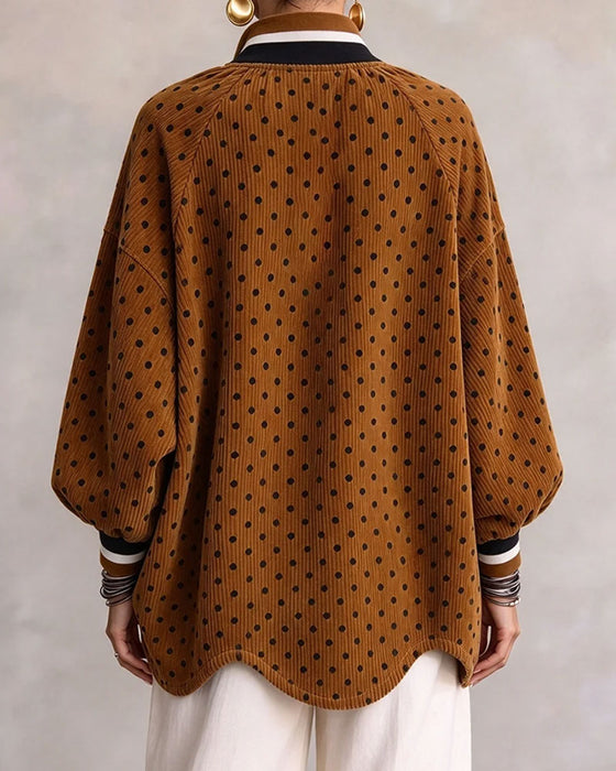 Blouse À Pois Velours Côtelé Demi-Zip Ample
