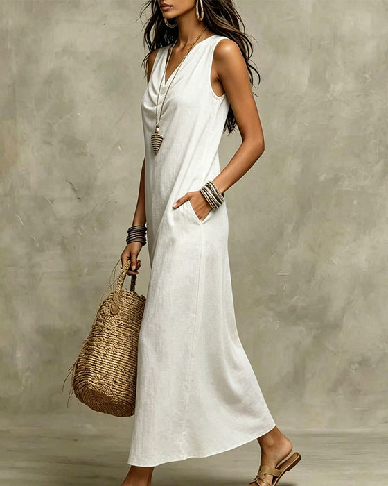 Robe Col Plissé Sans Manches