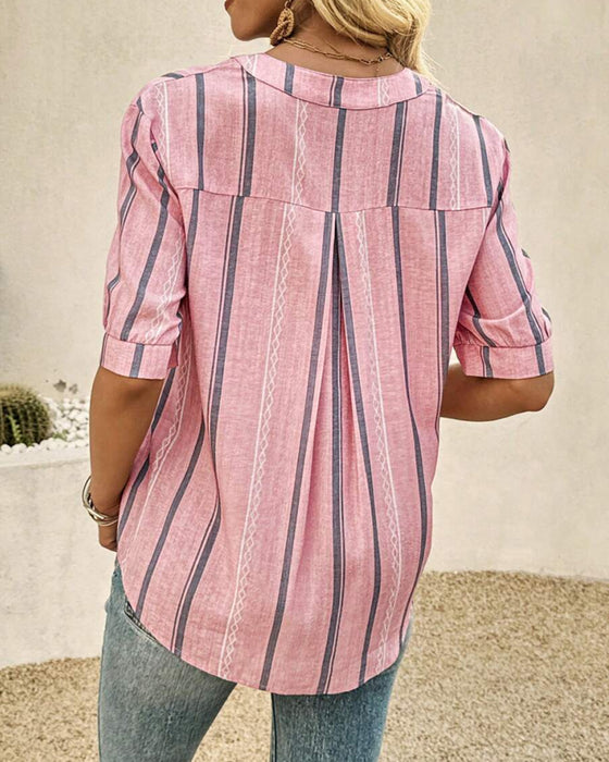 Blouse Col En V Décontracté Rayée