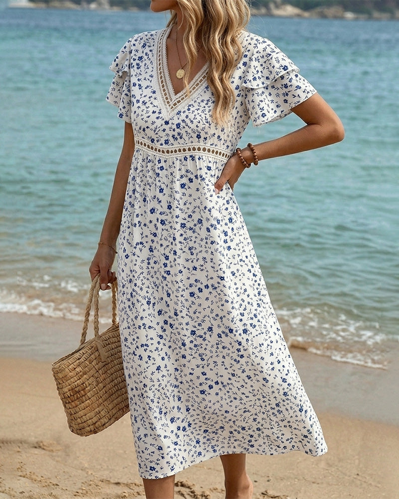 Robe Bleu Blanc Imprimé Floral Col V