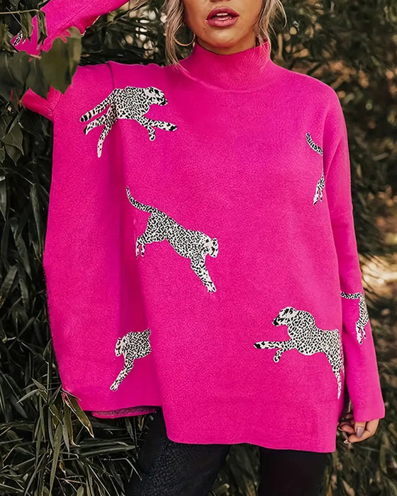 Pull ample à col montant et imprimé léopard