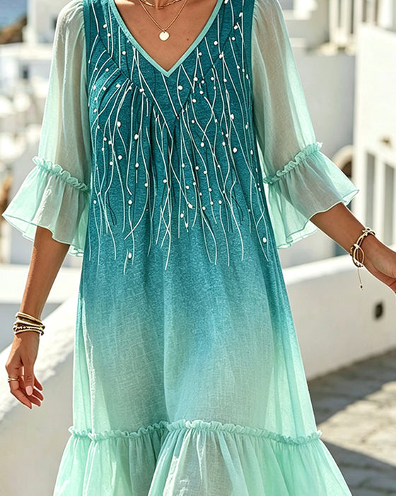Robe Col V Ombre Ourlet Volanté