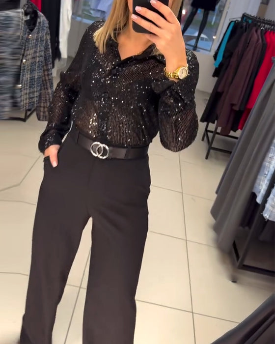 Chemise À Paillettes Avec Boutonnière Et Col