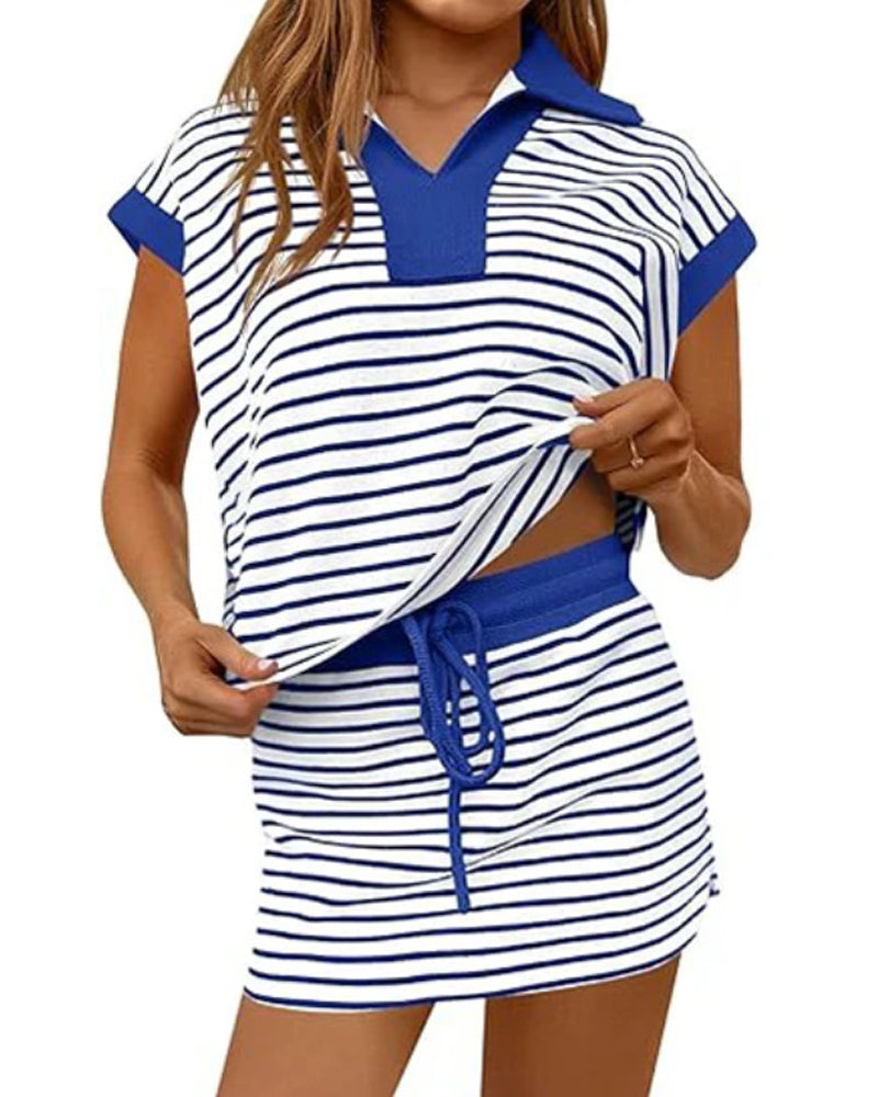 Set Rayé Ample Manche Courte Jupe Courte