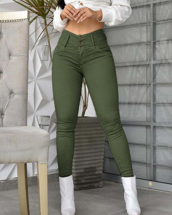 Pantalon Taille Haute Poche Bouton Mince