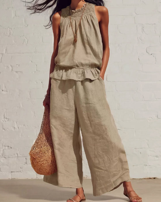 Ensemble Sans Manches Volant Pantalon Large