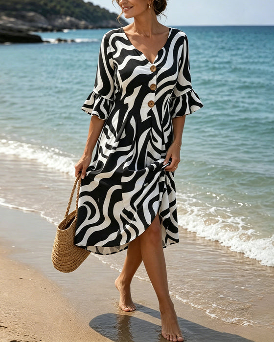 Robes Col V Bouton Zèbre Ample