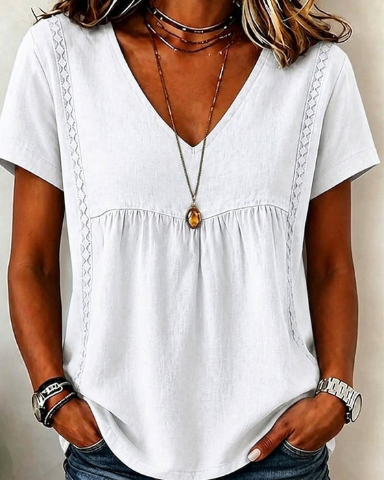 Blouse Col V Froncé Manche Courte