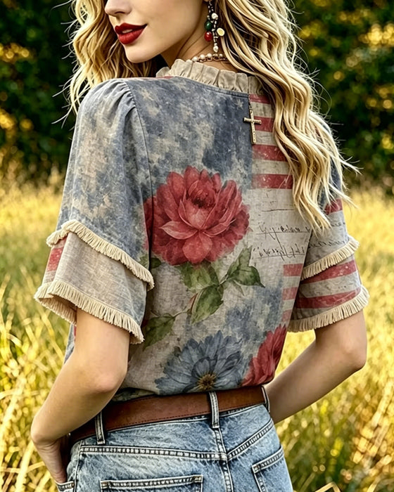 Blouse À Imprimé Floral Et Volants