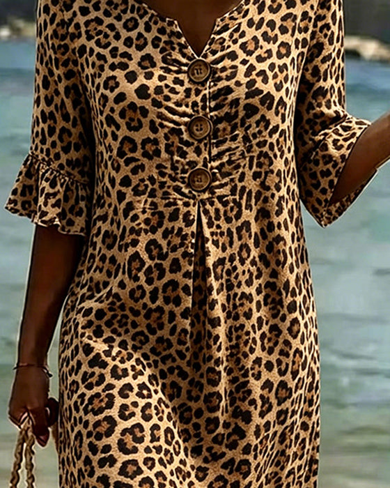 Robe Imprimé Léopard Col V Volantée