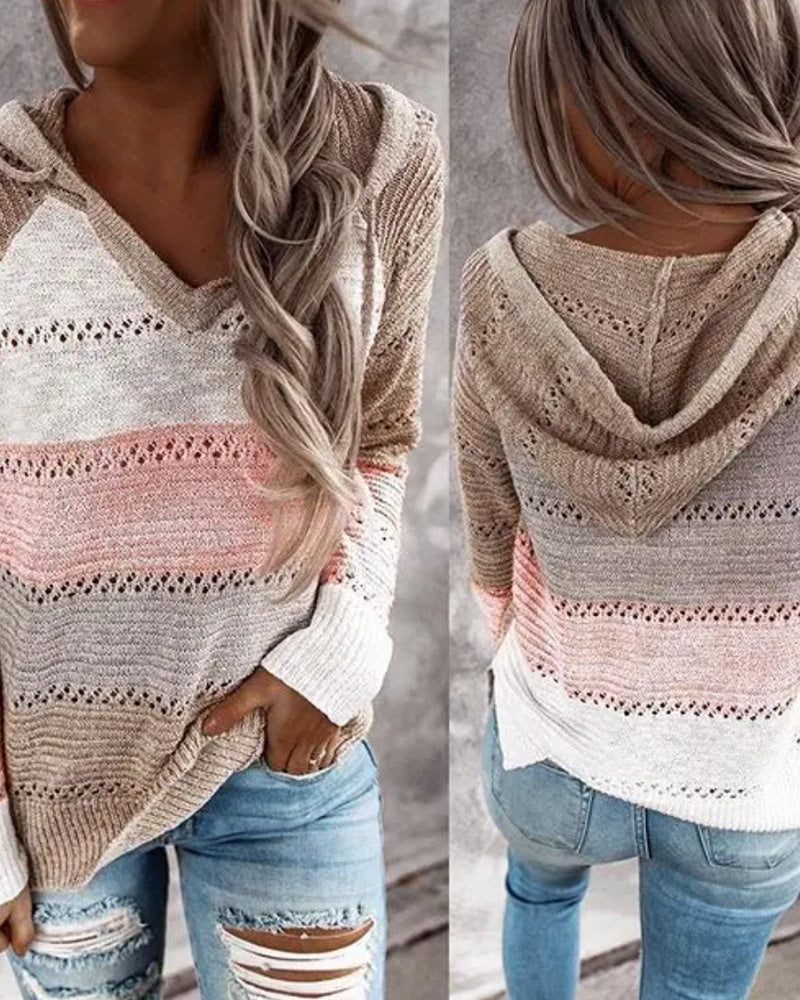 Pullover Bloc De Couleur Découpe Capuche Tricoté
