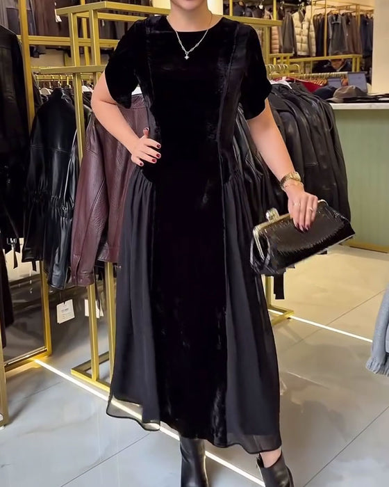 Robe Col Rond Plissé Slim Fit Grande Jupe