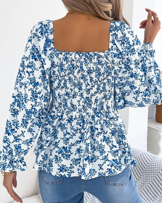 Blouse Col Carré Froncée Fleurie Volant