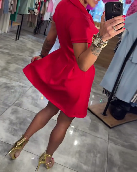 Robe Revers Manches Courtes Plissée Coupe A-Ligne