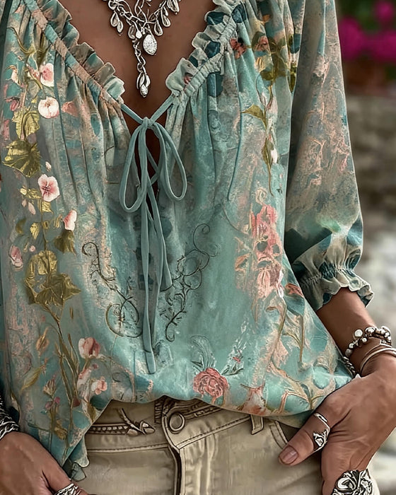 Blouse Imprimé Floral Cordon Manche Trois Quarts