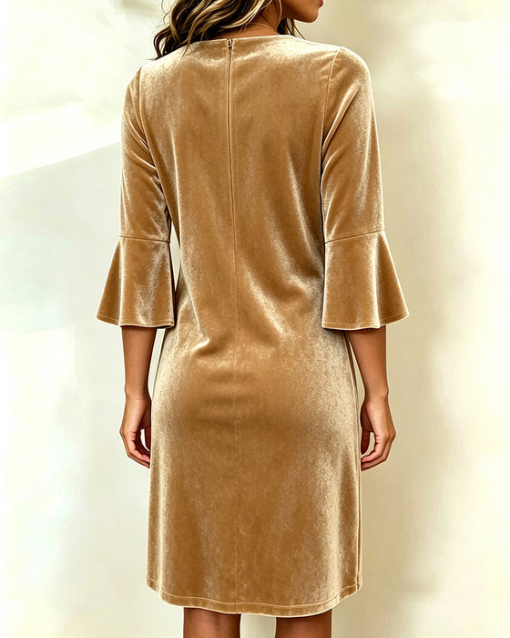 Robe Velours Col En V Évasé Manche Coude Droite