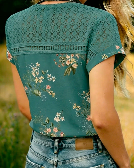 T-Shirt Découpé Patchwork Manches Courtes