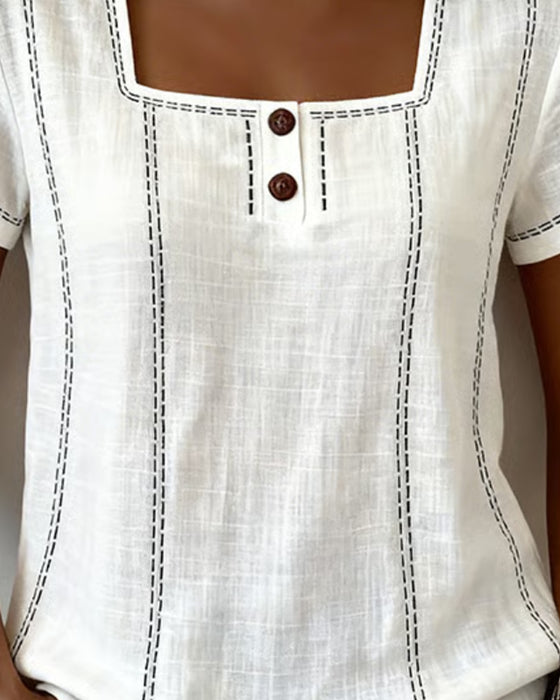Blouse Petit Col Carré Uni Bouton