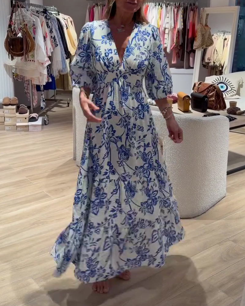 Robe Décolleté Profond En V Élégant Floral Longue