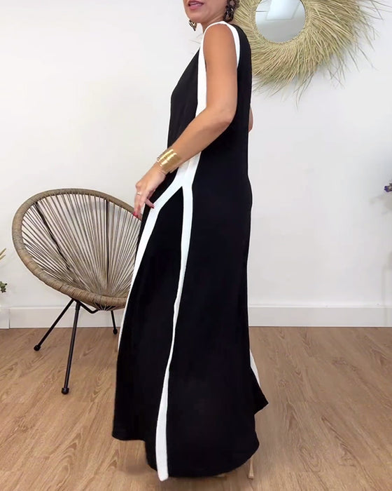 Robe sans manches à col en V à imprimé contrasté à la mode