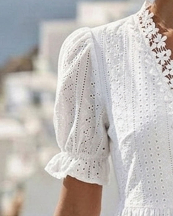 Robe Manches Bouffantes Col V Dentelle Ligne A