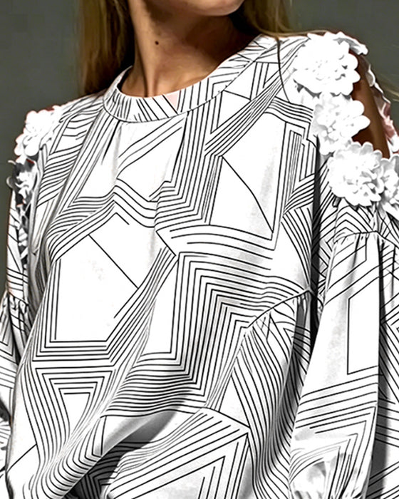 Blouse Col Rond Hors Épaule Géométrique Lâche