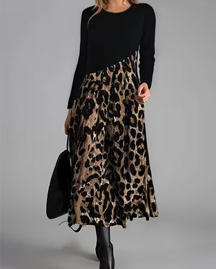 Robe Col Rond Léopard Jupe Ample