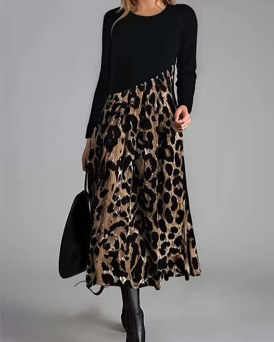 Robe Col Rond Léopard Jupe Ample