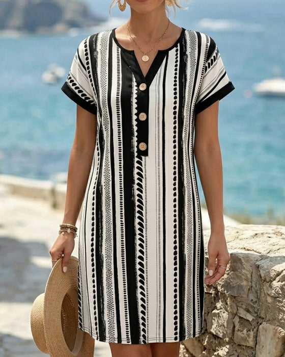 Robe Polka Dot Rayure Bouton