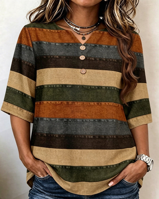 T-Shirt Bouton Patchwork Rayure Horizontale