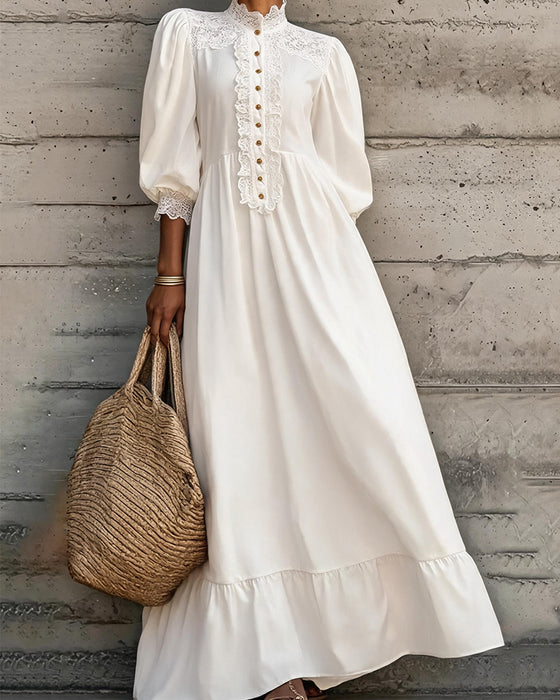 Robe Col Faux Dentelle Bouton Volant