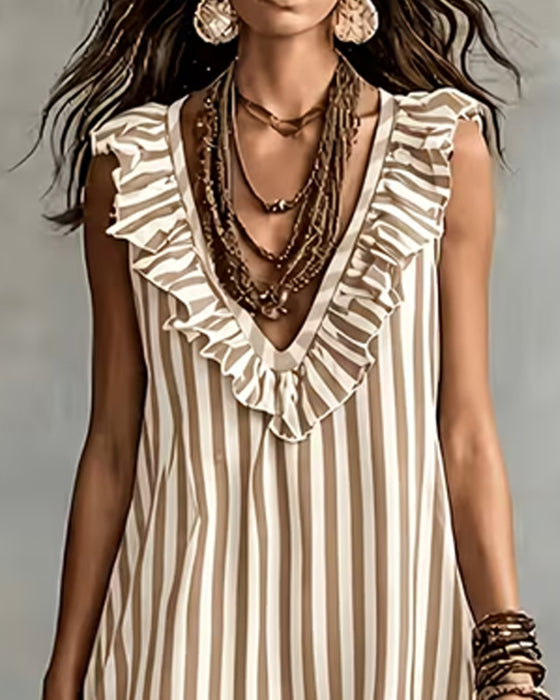 Robe Rayée Volants Col V Sans Manches
