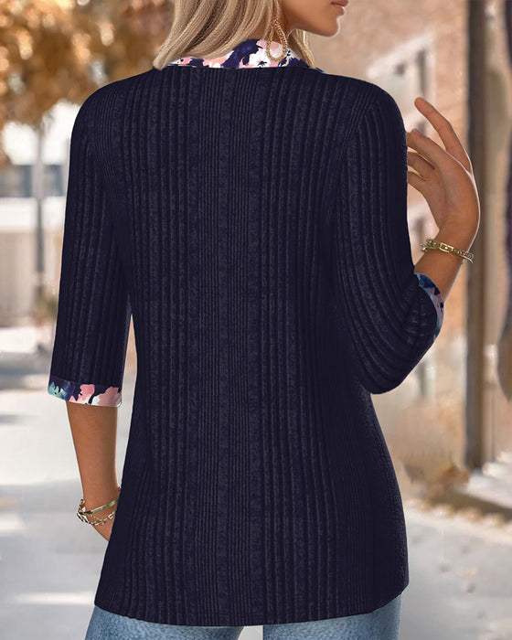 Blouse Col Revers Manches Trois Quart Contrastées