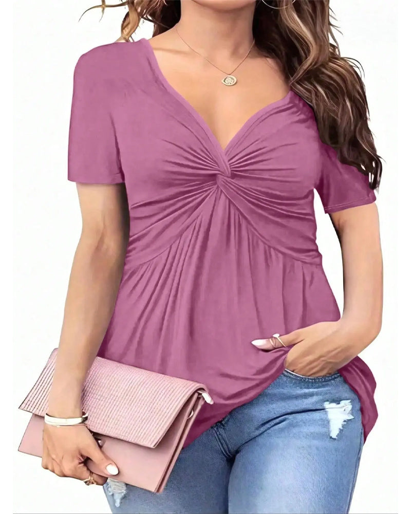 T-Shirt Col En V Taille Torsadée Uni