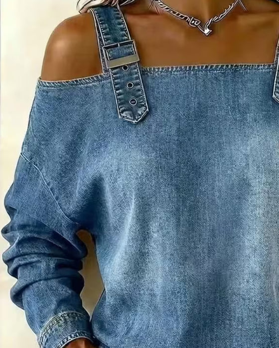 Blouse Bretelle Spaghetti Off-Shoulder Denim Bouton Métallique