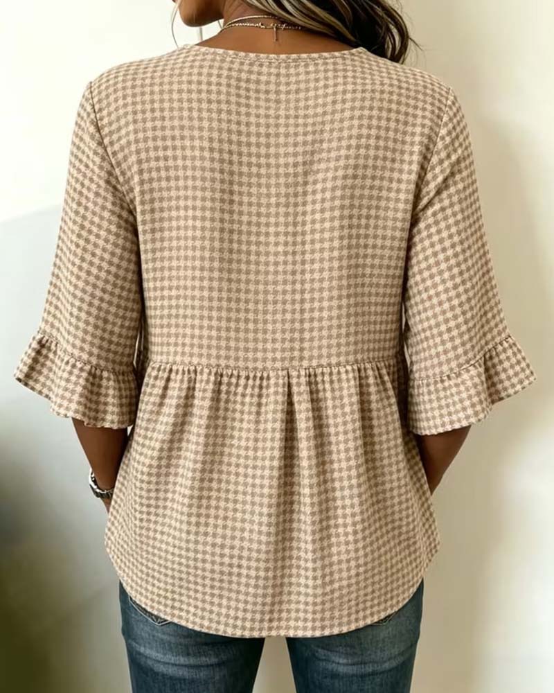 Blouse Pied-De-Coq Trois Boutons Décontractée