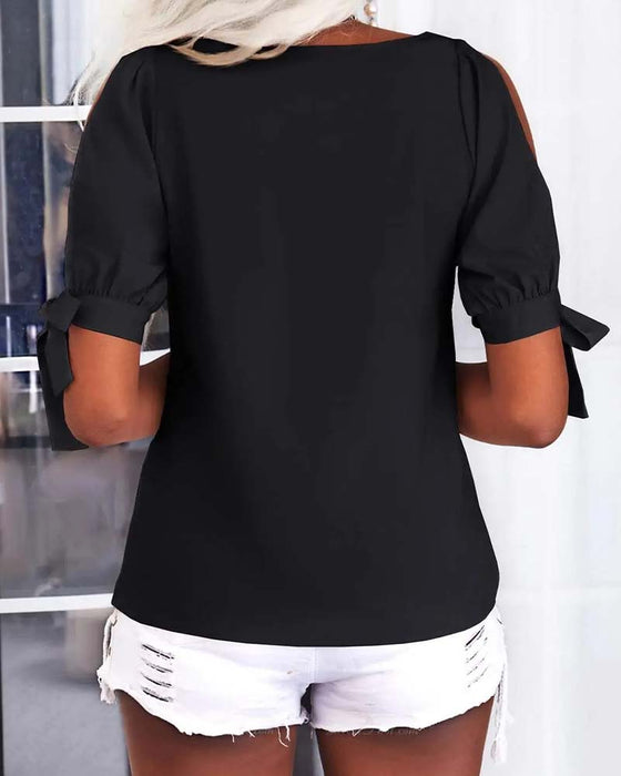 Blouse Col En V Cold Shoulder Nœud Papillon Unie