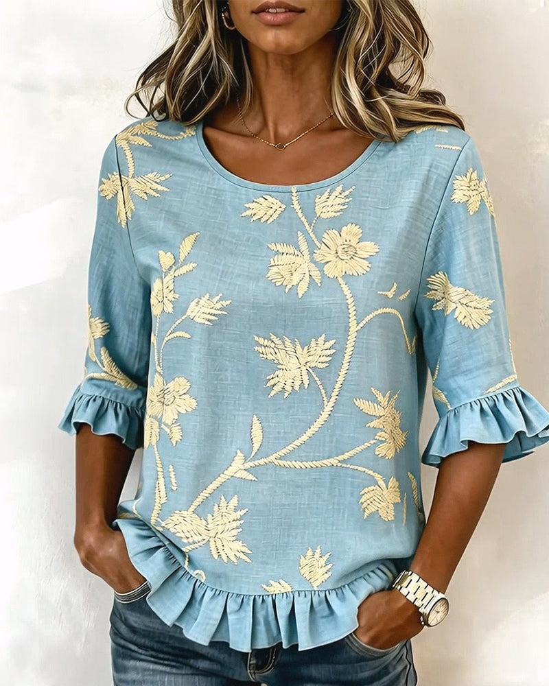 Blouse Jasmin Volant Col Rond Mi-Manche