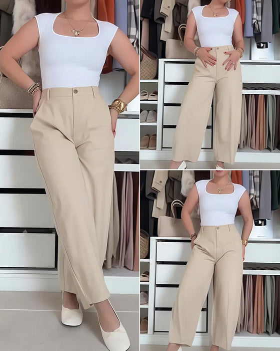 Pantalon Bouton Poche Jambe-Large Cropped