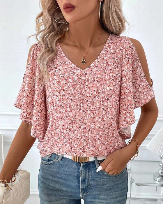Blouse Col V Florale Off-Shoulder Manche Papillon