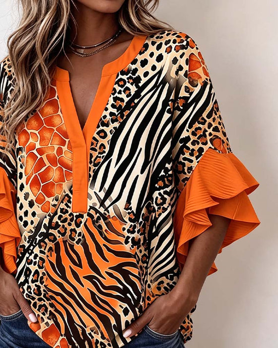 Blouse Zèbre Léopard Imprimé Volant Manche