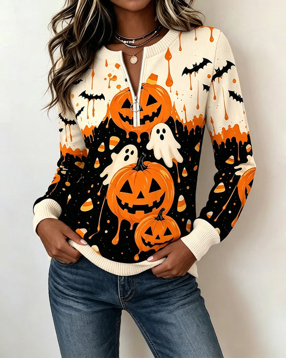 Sweatshirts Fermeture Éclair Manche Longue Imprimé Citrouille