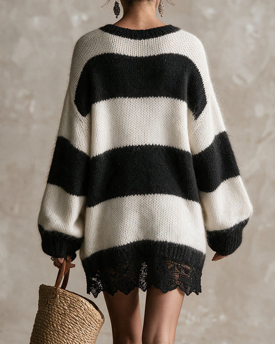 Pull Robe Col En V Rayé Dentelle Patchwork