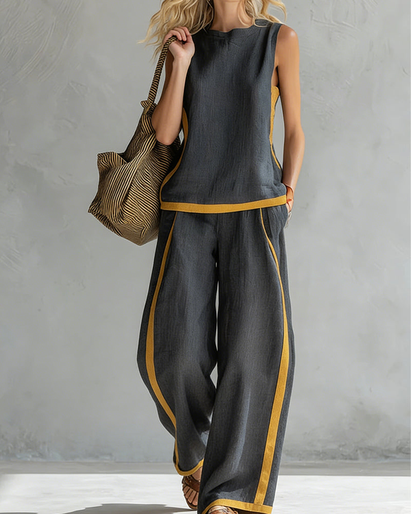 Ensemble Deux Pièces Sans Manches Décontracté À Bloc De Couleur