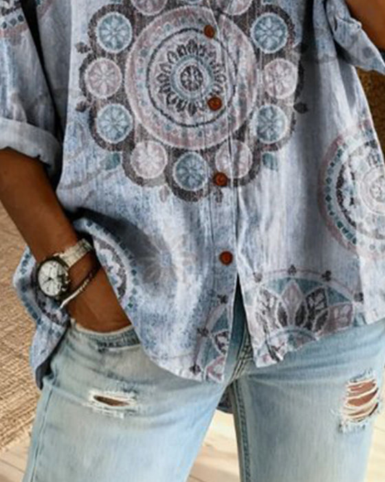 Chemise Motif Mandala Épaule Descendue Manche