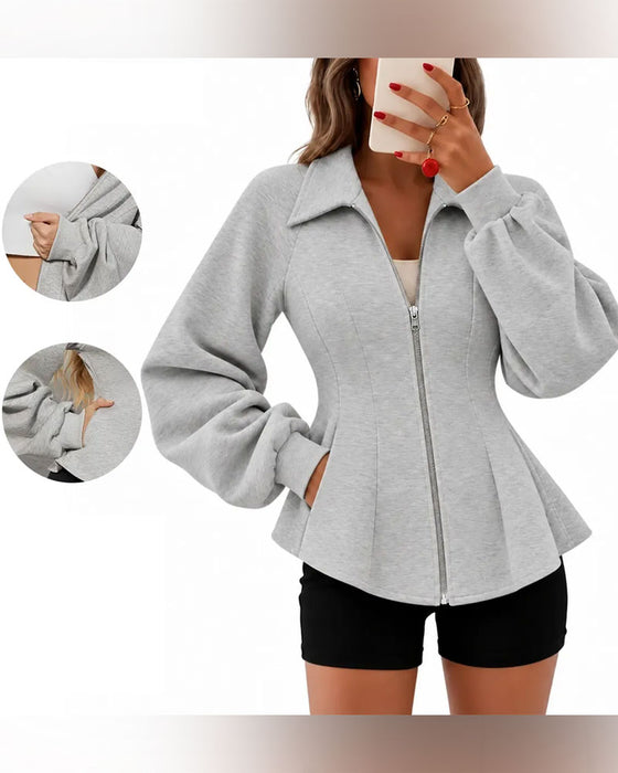 Manteau Revers Fermeture Éclair Taille Plissée