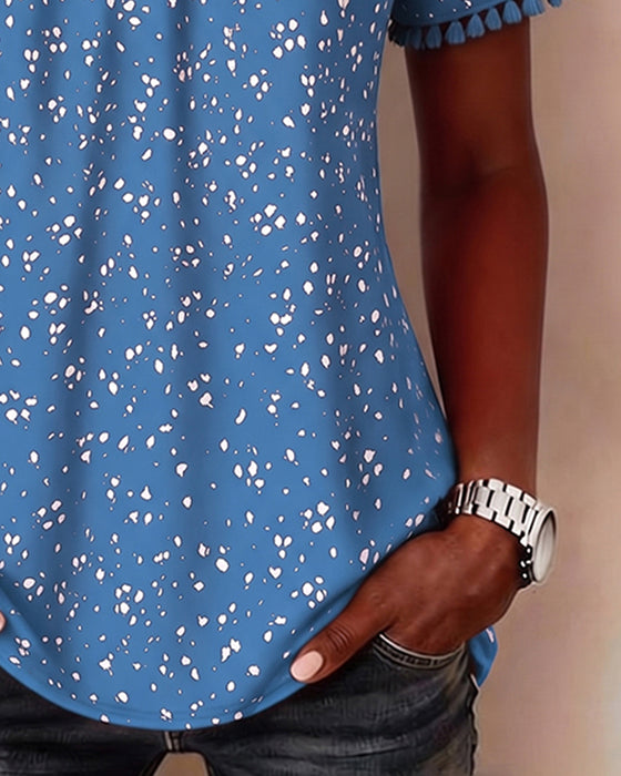 Blouse Point Blanc Frange Manches Courtes