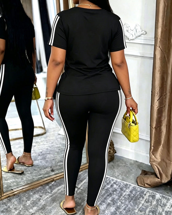 Ensemble Rayé Manches Courtes Pantalon Long Sport